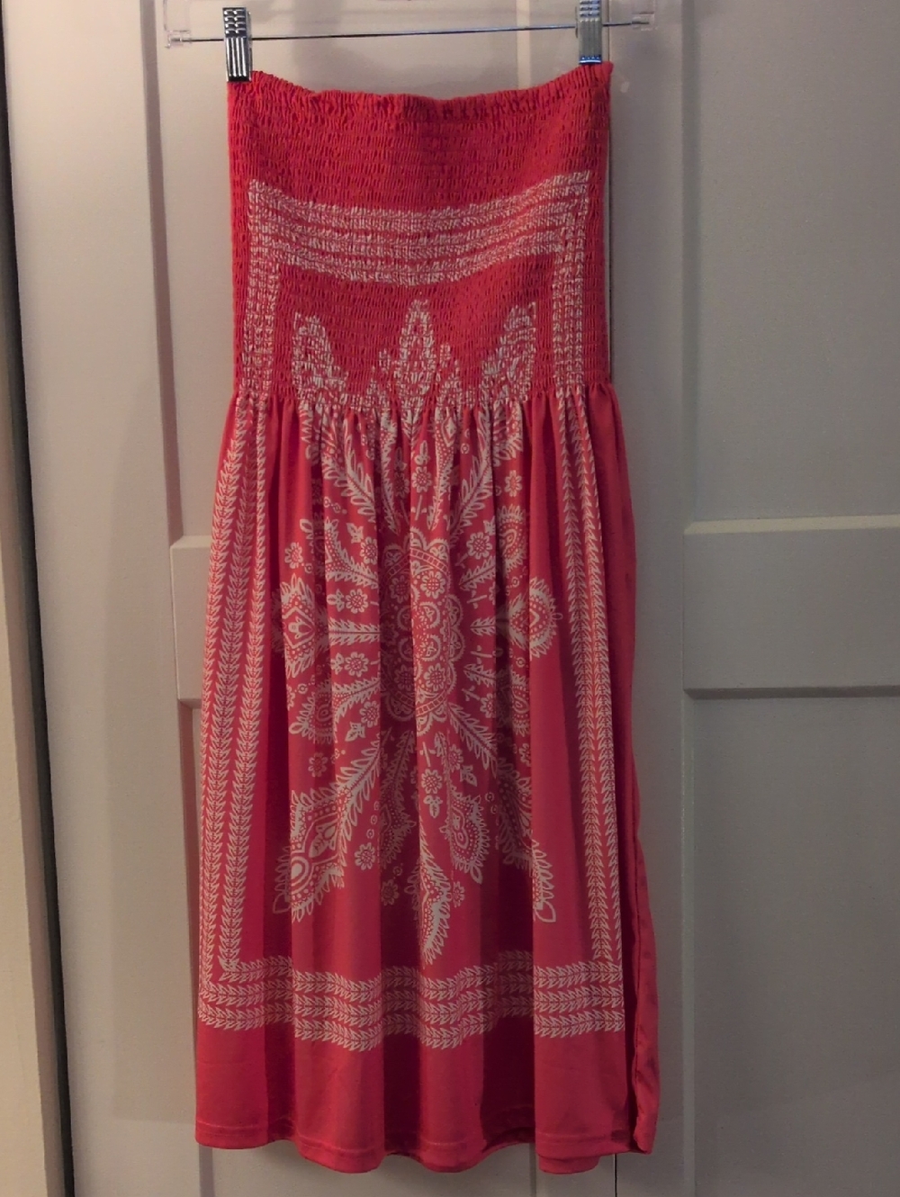 Smocked Strapless Midi Dress in Pink with White Print